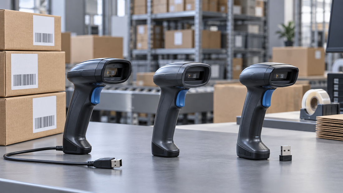 Wired, Bluetooth and 2.4 GHz barcode scanners compared at a warehouse workstation