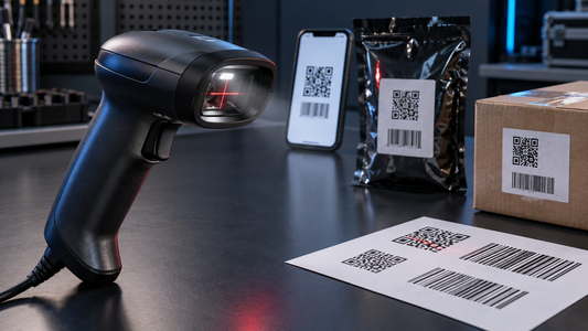 Barcode scanner aiming and illumination test with paper labels, glossy packaging and a phone screen