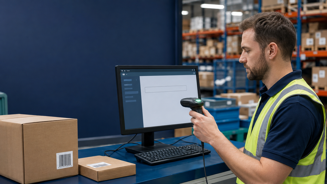 Warehouse worker troubleshooting a barcode scanner that beeps but sends no data