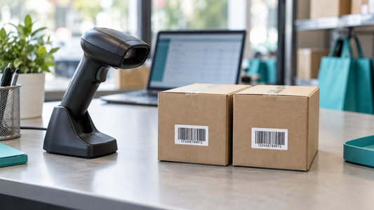Illustrative barcode scanner beside two identical labeled packages at a retail checkout