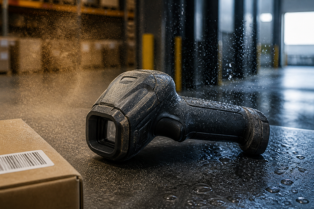 Rugged barcode scanner exposed to dust and water in a warehouse