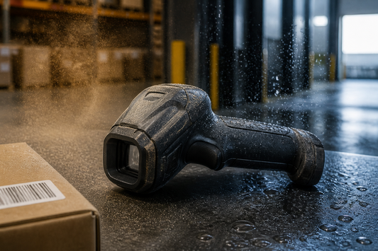 Rugged barcode scanner exposed to dust and water in a warehouse