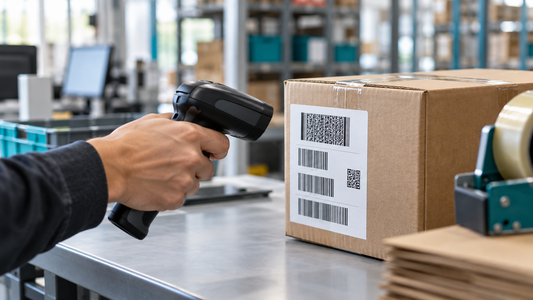 Illustrative handheld barcode scanner selecting one code from a crowded shipping label