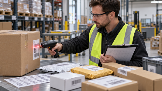 Warehouse engineer testing barcode scanner read performance on representative cartons and labels
