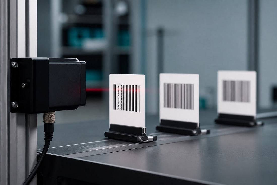 Fixed-mount barcode scanner testing barcode resolution and depth of field