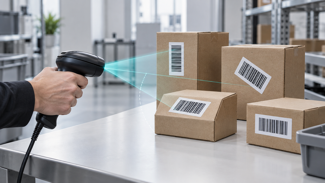 Handheld barcode scanner reading labels positioned at different scan angles