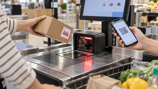 Barcode scanner at retail checkout with package barcode and phone QR code