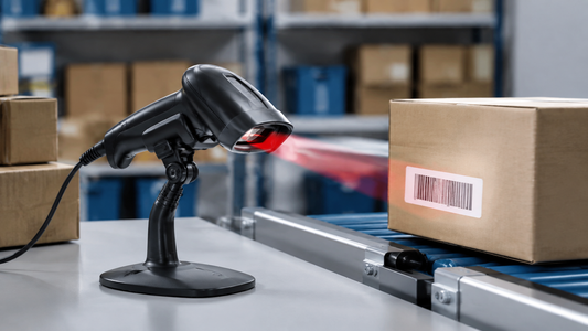 Barcode scanner in presentation stand automatically reading a carton