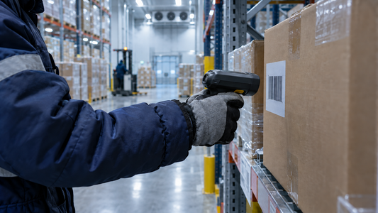 Illustrative worker scanning a carton barcode inside a refrigerated warehouse