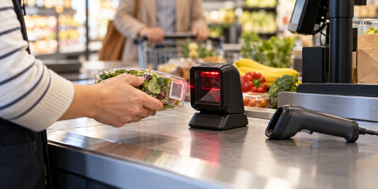 Hands-free desktop and handheld barcode scanners at a retail checkout