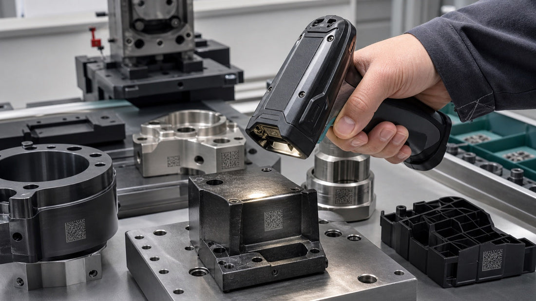 Industrial handheld scanner reading a direct part mark Data Matrix code on a metal component