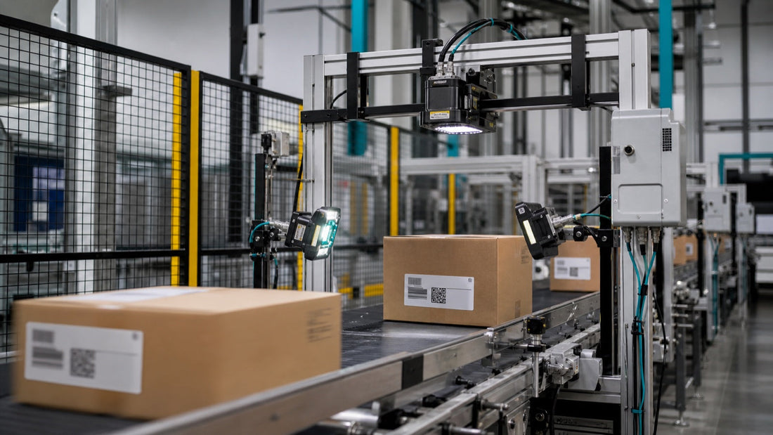 Fixed-mount barcode scanners reading cartons on a high-speed conveyor line