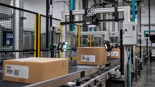 Fixed-mount barcode scanners reading cartons on a high-speed conveyor line