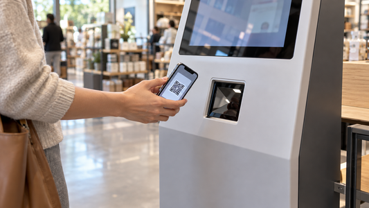 Customer presenting a phone QR code to a recessed self-service kiosk scanner window