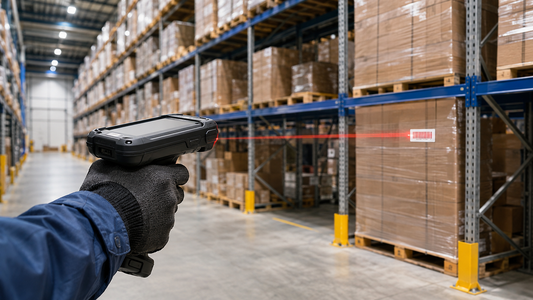 Long-range barcode scanner reading a pallet label in a warehouse