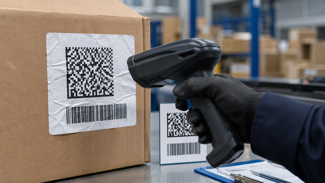 Handheld barcode scanner reading a damaged shipping label in a warehouse