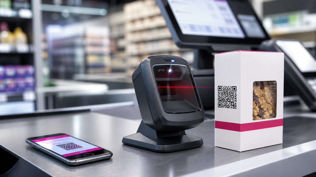 Retail POS scanner reading a GS1 2D barcode on product packaging