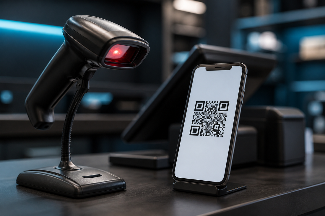 2D barcode scanner reading a QR code from a smartphone screen