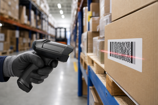 Warehouse worker scanning a carton label with a rugged barcode scanner